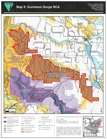 ​Map 5 showing seasonal closures in Gunnison Gorge National Conservation Area.