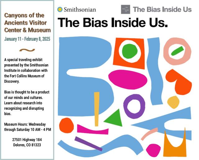 Flyer describing The Bias Inside Us special exhibit at Canyons of the Ancients Visitor Center and Museum, CO.