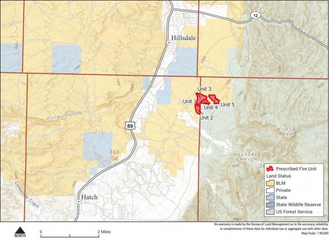 A map showing the areas to be treated with prescribed fire. 5 burn units clustered closely together east of Highway 89, between Hatch and Hillsdale, Utah.