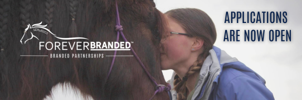 Girl kissing horse. Forever Branded logo and text "Applications are now open"