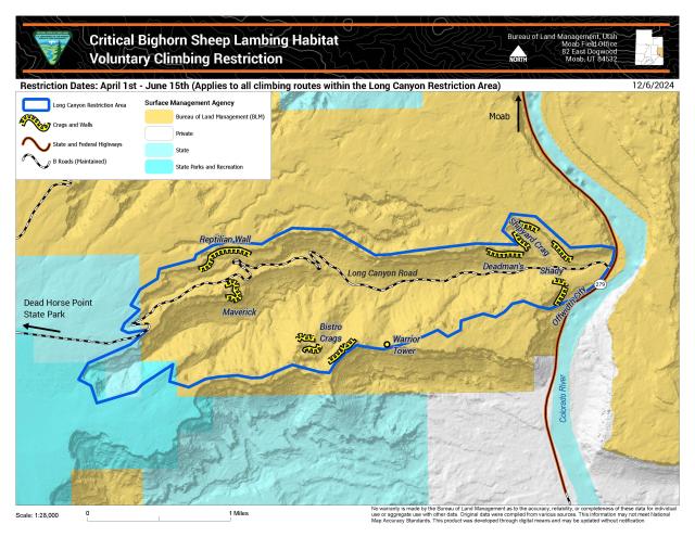 Map of the Long Canyon climbing avoidance areas