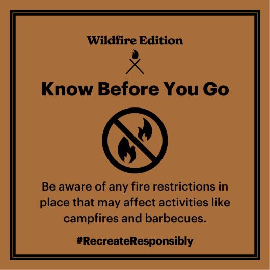 Graphic tile with text KNOW BEFORE YOU GO, BE AWARE OF ANY FIRE RESTRICTIONS IN PLACE THAT MAY AFFECT ACTIVITIES LIKE CAMPFIRES AND BARBEQUES