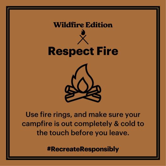 Graphic tile with text RESPECT FIRE, USE FIRE RINGS AND MAKE SURE YOUR CAMPFIRE IS OUT COMPLETELY AND COLD TO THE TOUCH BEFORE YOU LEAVE.