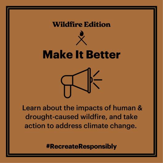 Graphic tile with text MAKE IT BETTER, LEARN ABOUT THE IMPACTS OF HUMAN AND DROUGHT-CAUSED WILDFIRE AND TAKE ACTION TO ADDRESS CLIMATE CHANGE.