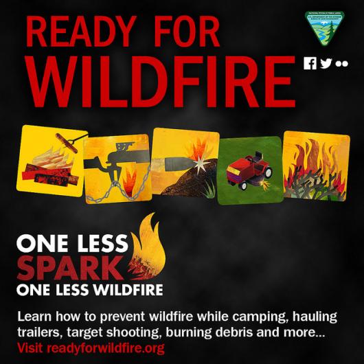 Ready For Wildfire: One Less Spark, One Less Wildfire, learn how to prevent wildfire while camping, hauling trailers, target shooting, burning debris and more, visit readyforwildifre.org.  Image collage of a campfire, a chain causing a 
