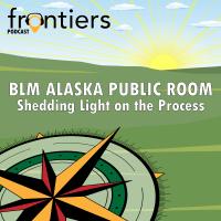 Alaska Frontiers podcast album artwork: BLM Alaska Public Room Shedding Light on the Process. Compass pointing to sun on the horizon across land.
