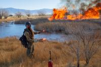 Photo taken from the 2020 Lockes Pond prescribed burn. A photo of a wildland firefighter holding flares used to start the fires. A large fire burns in the middle of the pond in the background.