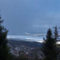 Snowy mountain views across a forest landscape