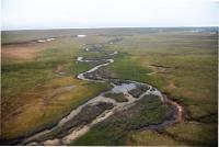Aerial photo of river on flat tundra