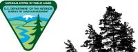 blm logo with black and white trees next to it