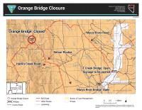 Topographic map showing the following. Orange Bridge is closed. Detour routes include Hank's Creek Road and Marys River Bridge. Mary's River Road and T Creek Bridge are open.