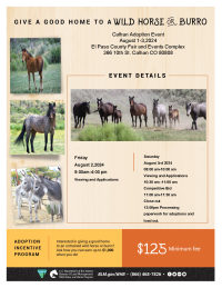 a flyer depicts images of wild horses and burros as well as displaying information for an August 203 adoption event