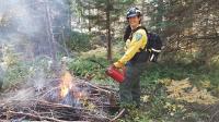 smiling firefighter in traditional yellow shirt holding a drip torch near a burn pile