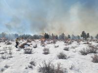 firefighter lights wood piles on fire with a drip torch on a snowy day