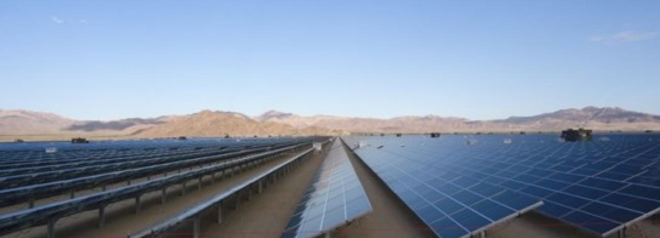 An array of long solar panels in the desert.