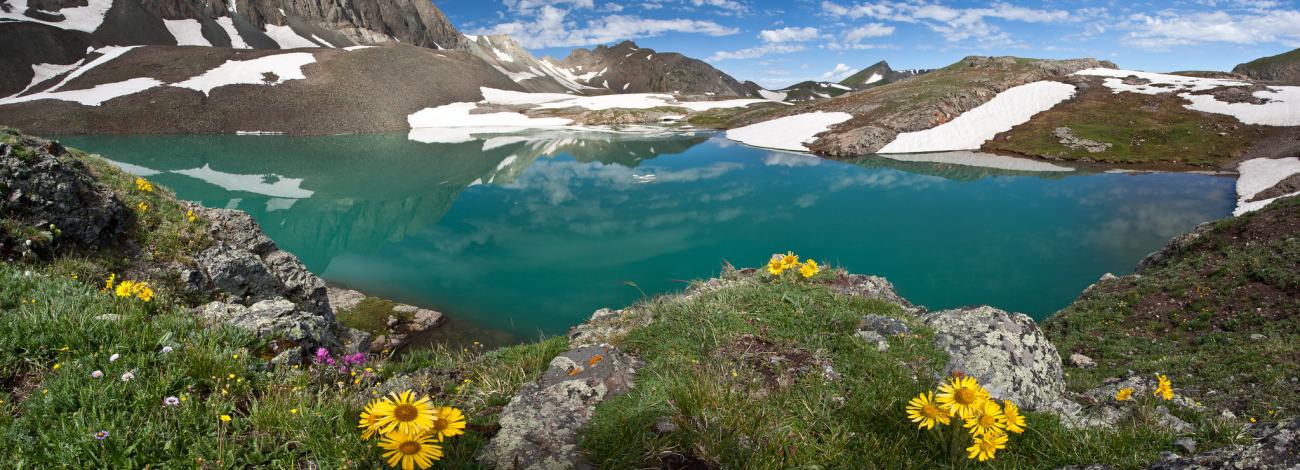 blue lake and some yellow wildflowers with large mountain peaks in the background