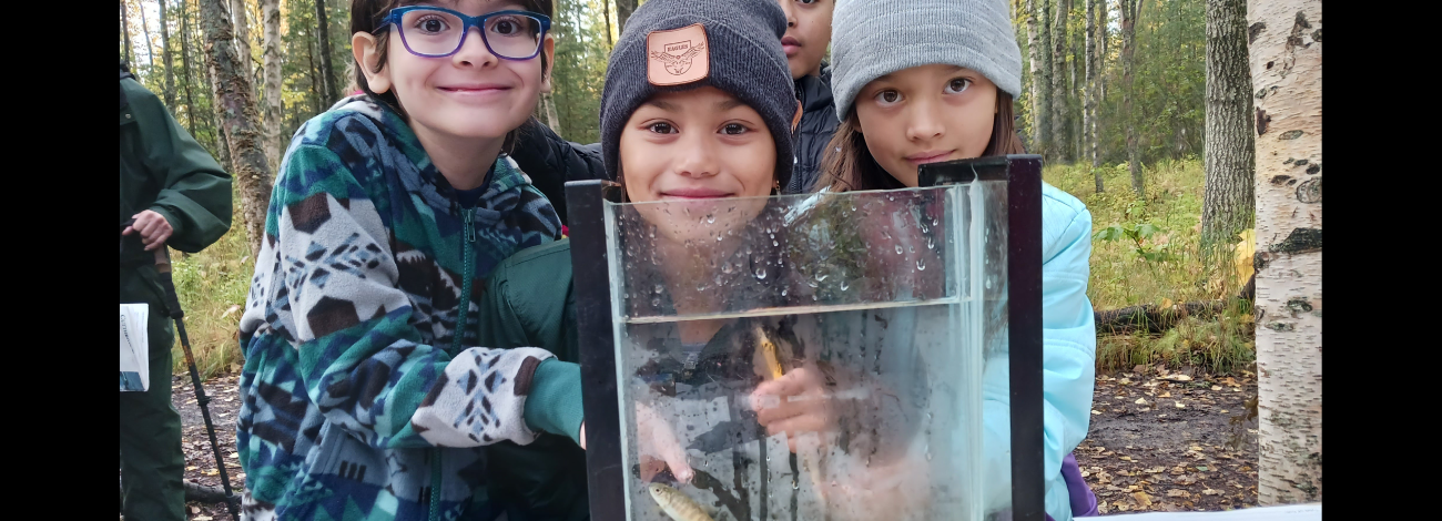 Three students look at a fish through a glass fish viewer. 
