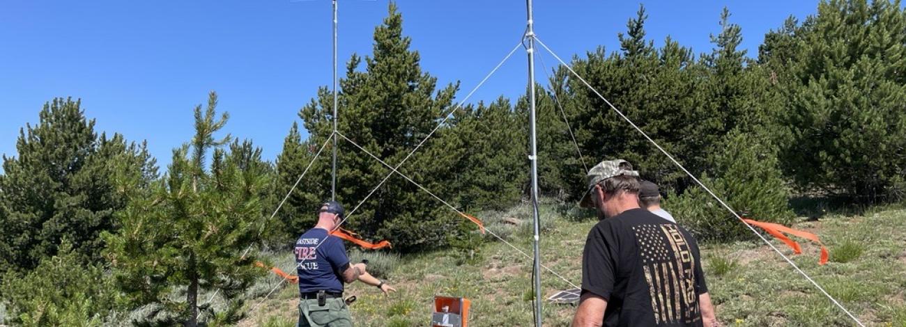 Two technicians installing radio repeaters between evergreen trees. 