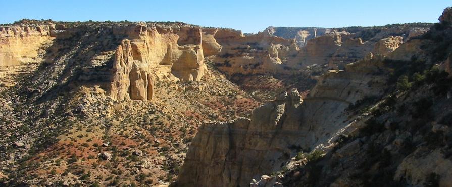 Massive walls of sandstone in a canyon overlooking a valley of small shrubs below. Sunny day and blue skys