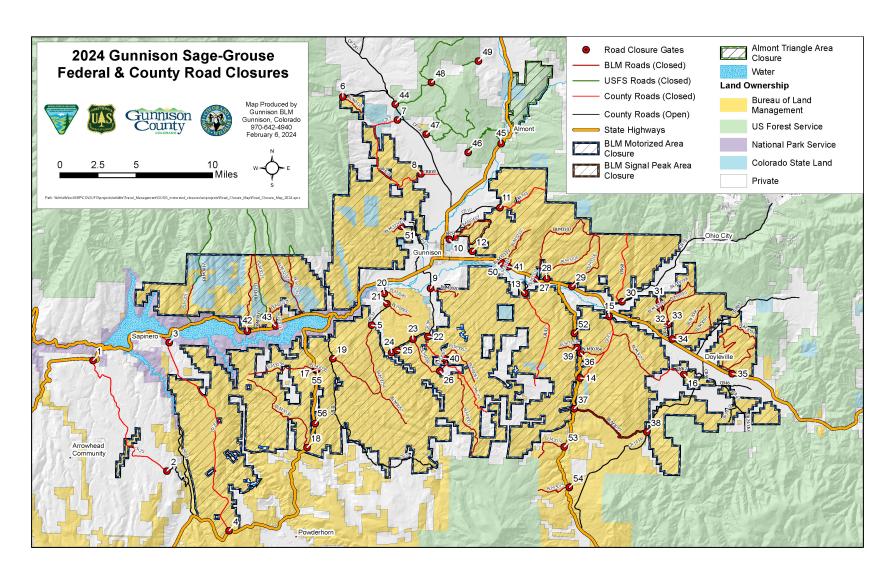 Map showing seasonal road closures in the Gunnison area of Colorado.