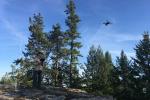 A small drone flies through an idyllic forest scene