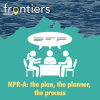 Alaska frontiers podcast album artwork: NPR-A: the plan, the planner, the process. Three figures around a table with the Alaska north slope shape in the background. s