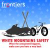 Alaska Frontiers White Mountains Safety Podcast album art featuring snowmobile, fat tire bike, and skis
