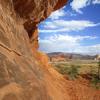Stunning view of a green desert landscape framed by a wall of red sandstone