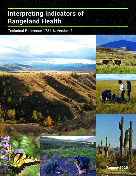 Cover depicting a variety of range land and participants conducting various surveys of land health.