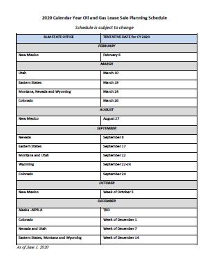 Generic and non-readable thumbnail of a typical oil and gas lease sale calendar