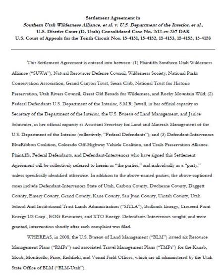 Settlement agreement in SUWA, et al. v. U.S. Department of the Interior, et al.