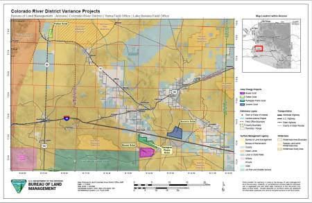 Map showing location of Colorado District, BLM Arizona, solar variance projects. This map depicts the solar variance projects within the BLM's Colorado River District. There are four projects depicted within the map extent. Parker Solar is located in the northwest corner of the map extent, while Bouse Solar, Ranegras Plains Solar, and Socorro Solar are group in the southern area of the map along Interstate Highway 10. The surface ownership is indicated for Bureau of Land Management, State Trust lands, Fish 