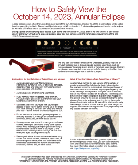 A flyer with black text describing how to safely view a solar eclipse with graphics of paper eclipse glasses and a girl's shadow.