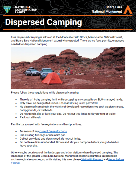 A flyer with "Dispersed Camping" written in the title section over black topographic design. Beneath the title, there is text about dispersed camping and an image of a dispersed campsite.