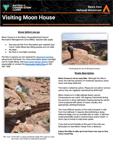 A fact sheet with a black banner at the top reading "Visiting Moon House." Pictures of the hiking trail and written trail description fill the page below.