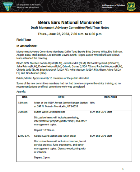 A white document with a black topographic letterhead and notes below describing the meeting of a monument advisory council.