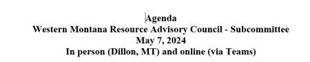 Agenda header for Western Montana RAC Subcommittee Meeting on May 7, 2024. 