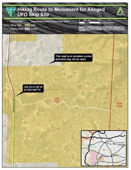 Map showing the location of the parking lot for the Monument for Alleged UFO Skip Site and the hiking trail to the site.